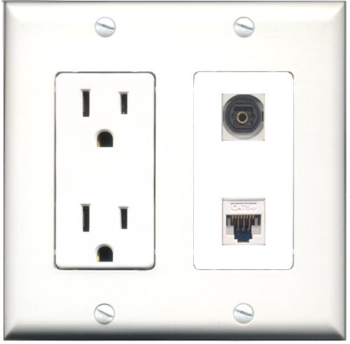 RiteAV - 15 Amp Power Outlet and 1 Port Toslink and 1 Port Cat5e Ethernet White Decorative Type Wall Plate White