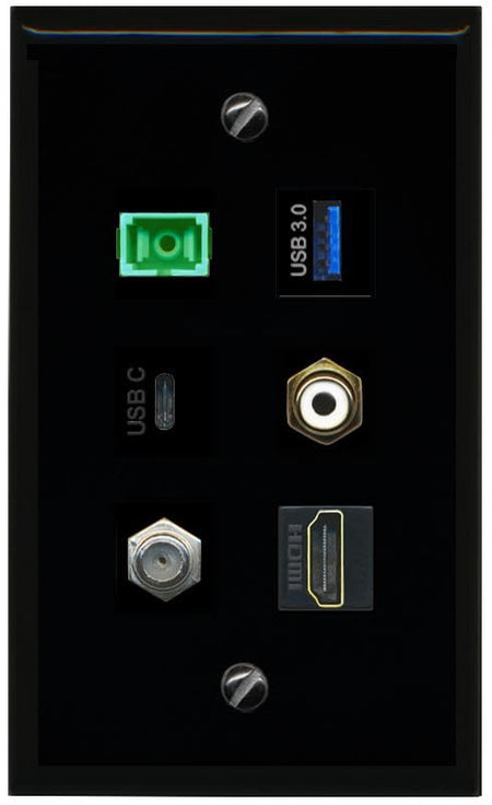 RiteAV Coax HDMI RCA White SC APC Simplex Fiber USB 3 USBC Flat/Solid Wall Plate [Black]