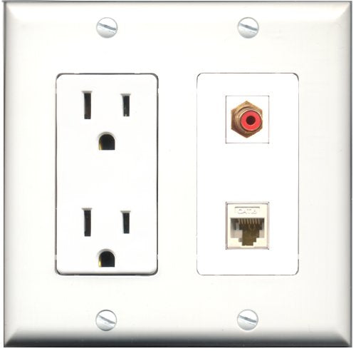 RiteAV - 15 Amp Power Outlet and 1 Port RCA Red and 1 Port Cat6 Ethernet White Decorative Type Wall Plate White