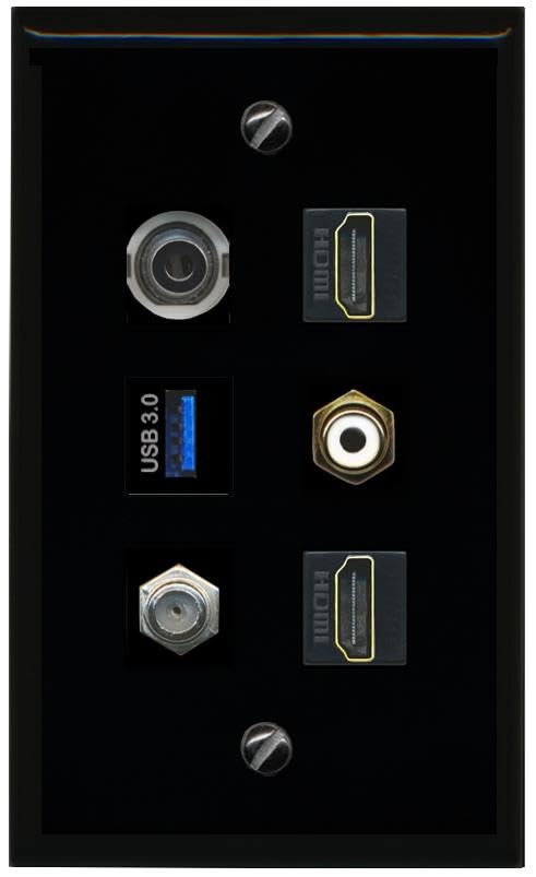 RiteAV 3.5mm Coax 2 HDMI RCA White USB 3 Flat/Solid Wall Plate [Black]