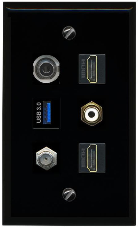 RiteAV 3.5mm Coax 2 HDMI RCA White USB 3 Flat/Solid Wall Plate [Black]