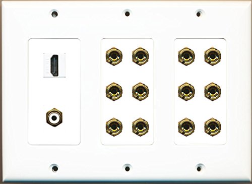 RiteAV Hdmi and 12 Banana Plug Jack 1 RCA Subwoofer 6.1 Speaker Wall Plate White