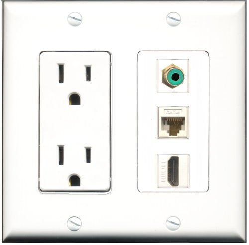 RiteAV - 15 Amp Power Outlet 1 Port HDMI 1 Port RCA Green 1 Port Cat6 Ethernet Ethernet White Decorative Wall Plate