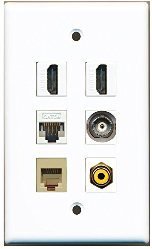 RiteAV - 2 HDMI 1 Port RCA Yellow 1 Port Phone RJ11 RJ12 Beige 1 Port BNC 1 Port Cat5e Ethernet White Wall Plate