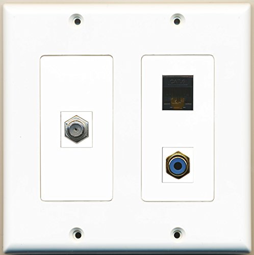RiteAV - 1 Port RCA Blue 1 Port Coax Cable TV- F-Type 1 Port Cat6 Ethernet Black - 2 Gang Wall Plate