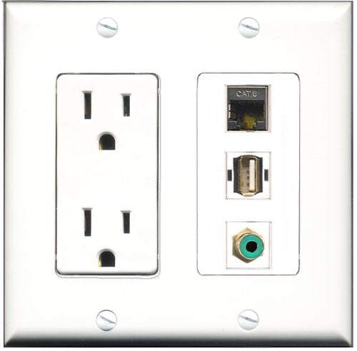 RiteAV - 15 Amp Power Outlet 1 Port RCA Green 1 Port USB A-A 1 Port Shielded Cat6 Ethernet Ethernet Decorative Wall Plate