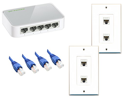RiteAV 2 pcs 2 Port Cat5e Ethernet Splitter Wall Plate + 4 pcs 25ft Cat5e Blue Cables