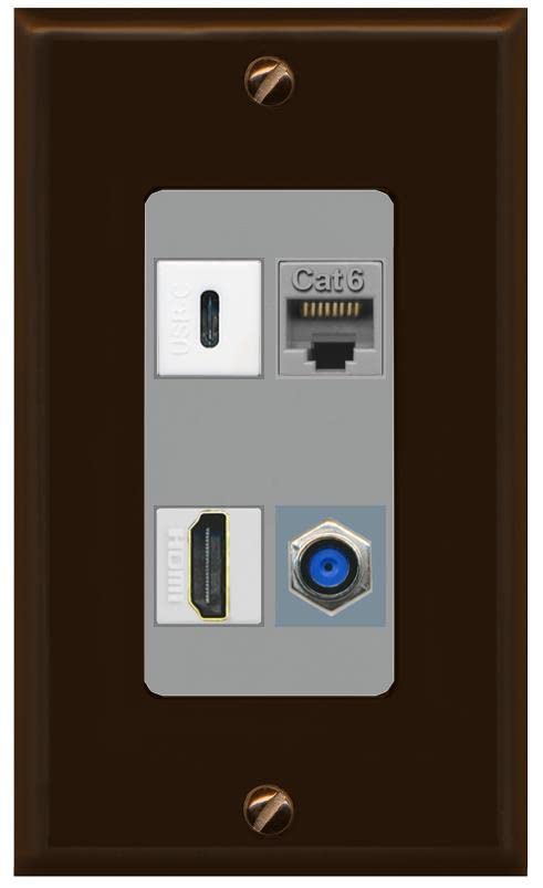 RiteAV USBC HDMI Cat6 Coax F81 Wall Plate - 1 Gang [Brown/Gray]