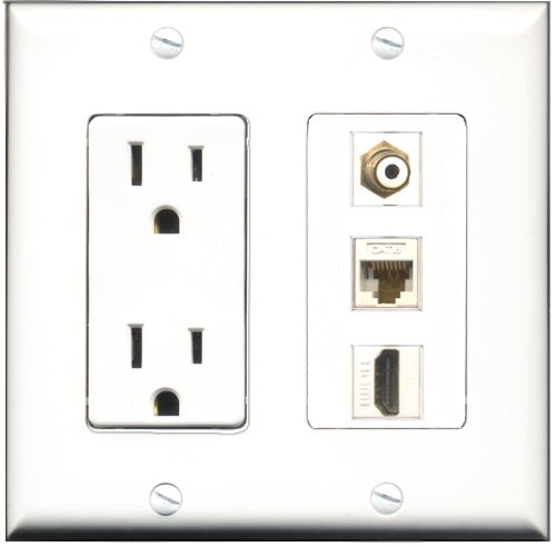 RiteAV - 15 Amp Power Outlet 1 Port HDMI 1 Port RCA White 1 Port Cat6 Ethernet Ethernet White Decorative Wall Plate