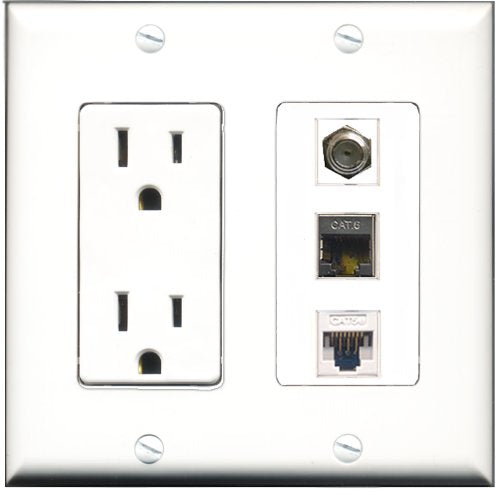 RiteAV - 15 Amp Power Outlet 1 Port Coax 1 Port Shielded Cat6 Ethernet Ethernet 1 Port Cat5e Ethernet White Decorative Wall Plate