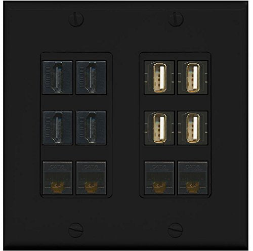 RiteAV - (2 Gang Decorative 4 USB A-A (Black) 4 HDMI Black 4 Cat6 Wall Plate Black