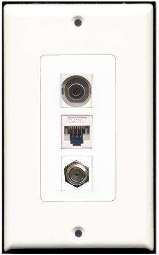 RiteAV 1 Port Coax Cable TV- F-Type 1 3.5mm 1 Cat5e Ethernet White Wall Plate OVERSIZED