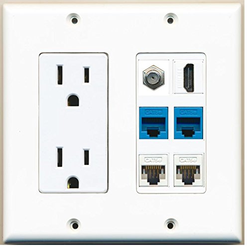 RiteAV Power Outlet Coax Cable TV HDMI 2 x Cat5e Blue and 2 x Cat5e Wall Plate