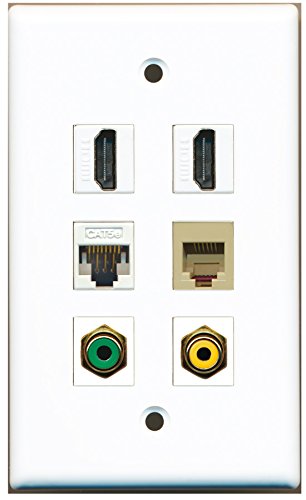 RiteAV - 2 HDMI 1 Port RCA Yellow 1 Port RCA Green 1 Port Phone RJ11 RJ12 Beige 1 Port Cat5e Ethernet White Wall Plate