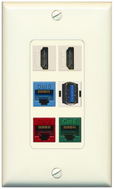 RiteAV 2 HDMI 3 Cat6 Ethernet USB3 Mixed Color Wall Plate - 1 Gang [Light-Almond]