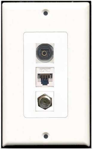 RiteAV 1 Port Coax Cable TV- F-Type 1 Toslink 1 Cat5e Ethernet White Wall Plate OVERSIZED