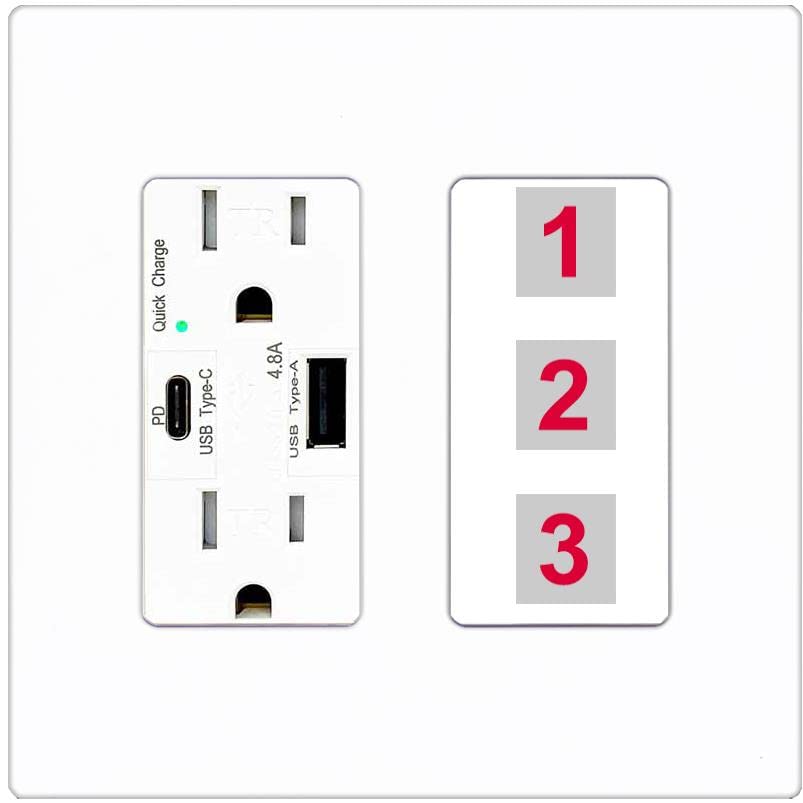 RiteAV Custom Wall Plate 3 Port - USB A+C Charger [Screwless White]