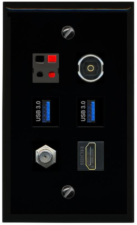 RiteAV COAX HDMI SPEAKER TOSLINK 2 USB 3 Flat/Solid Wall Plate [Black]