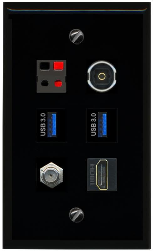 RiteAV COAX HDMI SPEAKER TOSLINK 2 USB 3 Flat/Solid Wall Plate [Black]