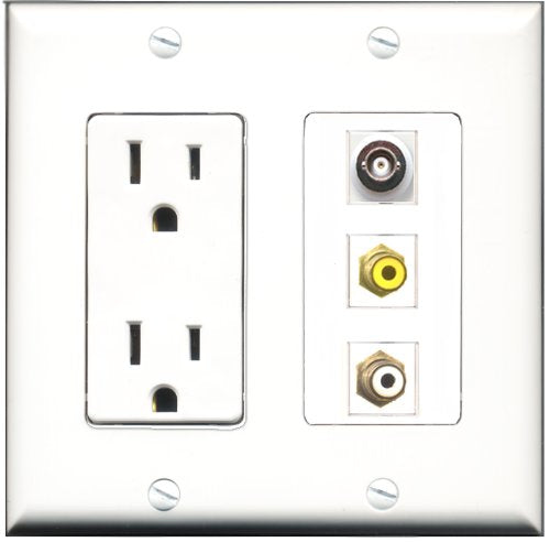 RiteAV - 15 Amp Power Outlet 1 Port RCA White 1 Port RCA Yellow 1 Port BNC Decorative Wall Plate