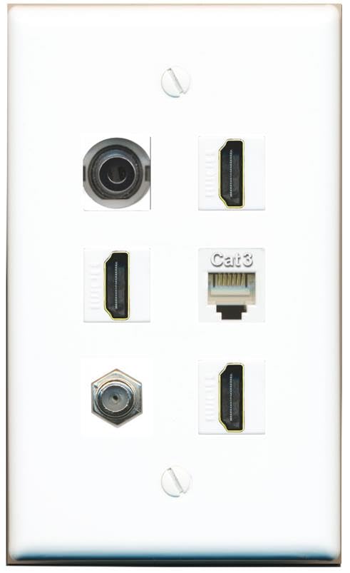 RiteAV 3.5mm Coax 3 HDMI Phone Flat/Solid Wall Plate [White]