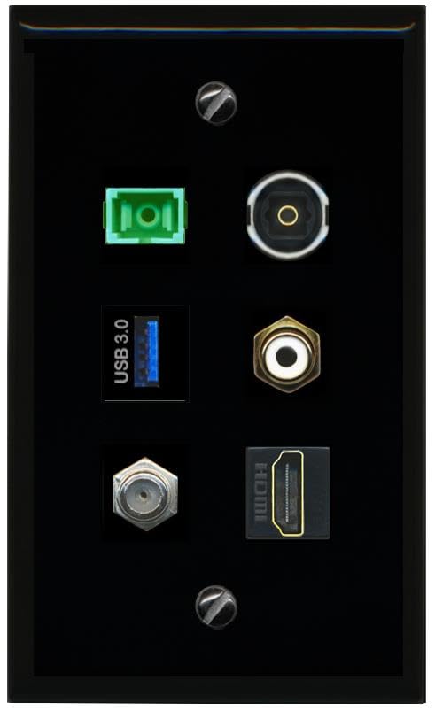 RiteAV Coax HDMI RCA White SC APC Simplex Fiber TOSLINK USB 3 Flat/Solid Wall Plate [Black]