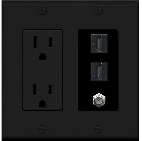RiteAV - (2 Gang Decorative) 15A Power Outlet 2 HDMI Black Coax Black Wall Plate Black