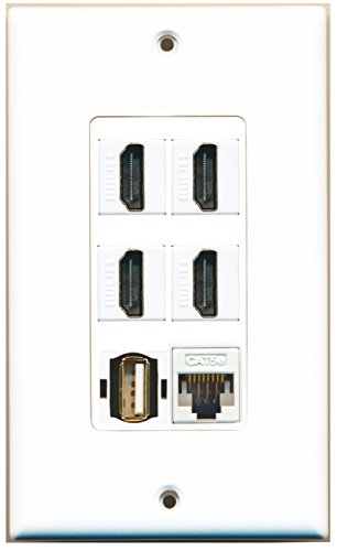 RiteAV 4 Port HDMI 1 USB A-A 1 Cat5e Ethernet White Wall Plate OVERSIZED