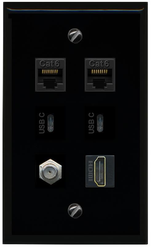 RiteAV 2 CAT6 Coax HDMI 2 USBC Flat/Solid Wall Plate [Black]