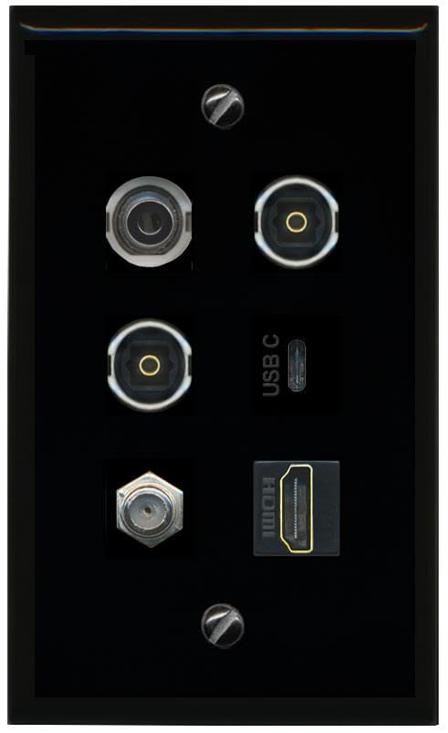 RiteAV 3.5mm Coax HDMI 2 TOSLINK USBC Flat/Solid Wall Plate [Black]
