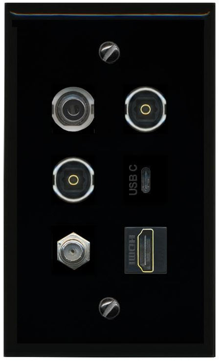 RiteAV 3.5mm Coax HDMI 2 TOSLINK USBC Flat/Solid Wall Plate [Black]