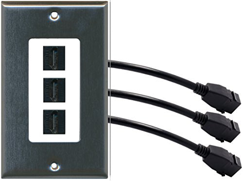 RiteAV (1 Gang Decorative 3 HDMI Black Wall Plate w/Pigtail Extension Cable Stainless Steel on White