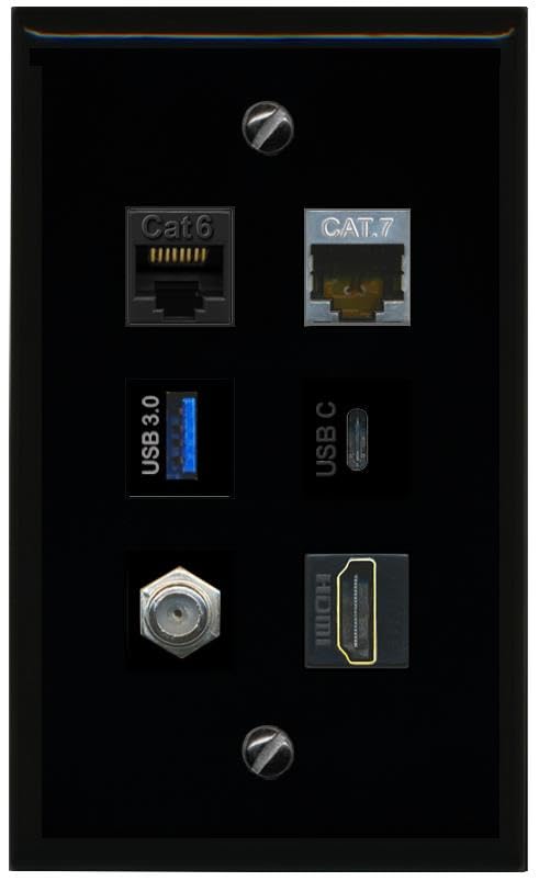 RiteAV CAT6 CAT7 Coax HDMI USB 3 USBC Flat/Solid Wall Plate [Black]