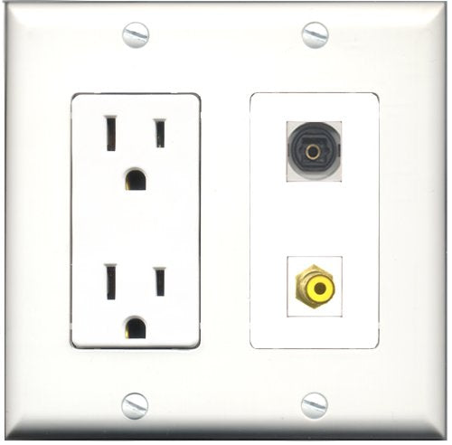 RiteAV - 15 Amp Power Outlet and 1 Port RCA Yellow and 1 Port Toslink Decorative Type Wall Plate White