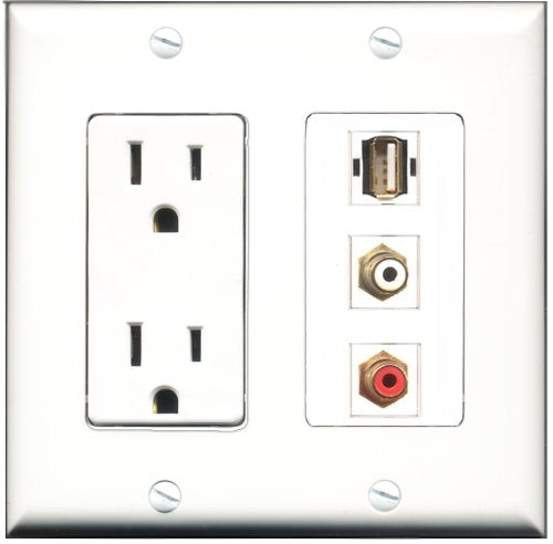 RiteAV - 15 Amp Power Outlet 1 Port RCA Red 1 Port RCA White 1 Port USB A-A Decorative Wall Plate
