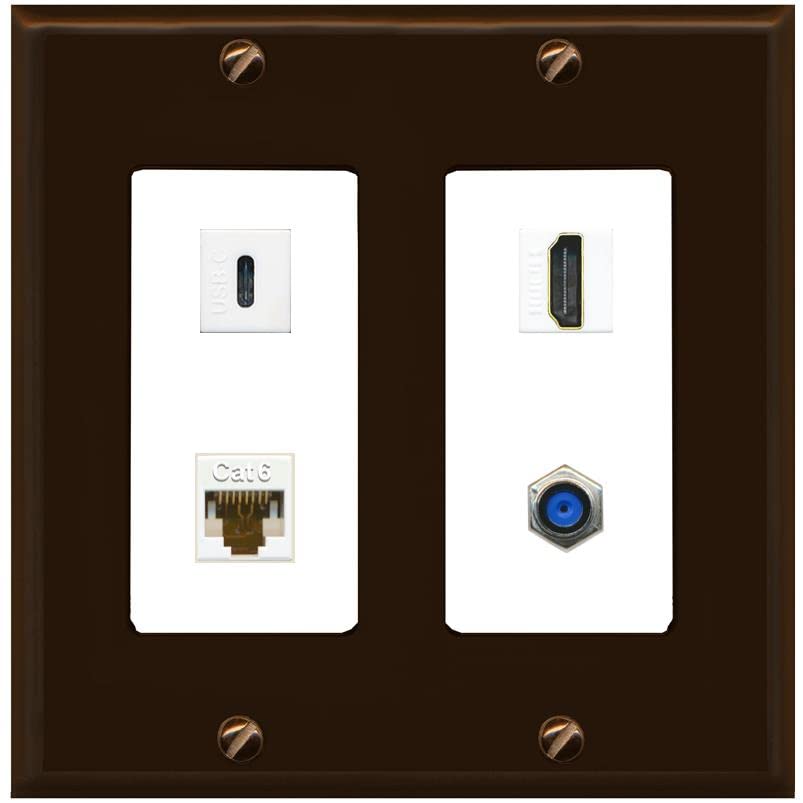 RiteAV USBC HDMI Cat6 Coax F81 Wall Plate - 2 Gang [Brown/White]