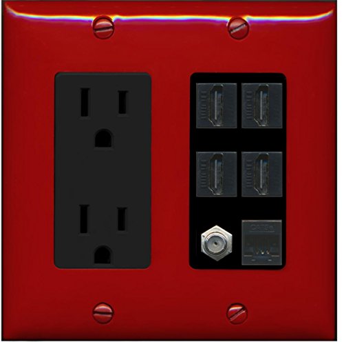 RiteAV 4 Port HDMI 1 Coax Cable TV- F-Type 1 Cat5E Ethernet Wall Plate - Outlet [Red/Black]