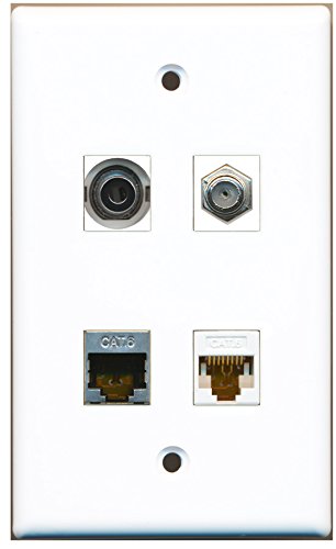 RiteAV - 1 Port Coax Cable TV- F-Type 1 Port Shielded Cat6 Ethernet 1 Port 3.5mm 1 Port Cat6 Ethernet White Wall Plate