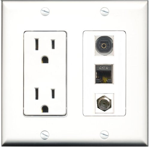 RiteAV - 15 Amp Power Outlet 1 Port Coax 1 Port Shielded Cat6 Ethernet Ethernet 1 Port Toslink Decorative Wall Plate