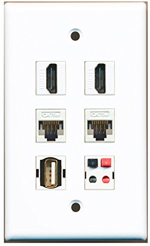 RiteAV - 2 HDMI 1 Port USB A-A 2 Port Cat5e Ethernet White 1 Port Speaker Wall Plate