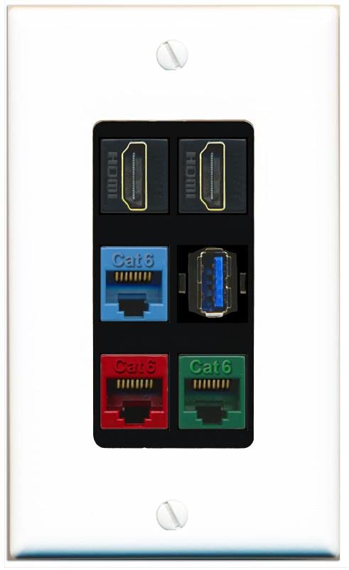 RiteAV 2 HDMI 3 Cat6 Ethernet USB3 Mixed Color Wall Plate - 1 Gang [White/Black]