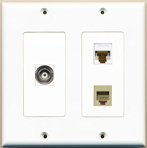 RiteAV - 1 Port Phone RJ11 RJ12 Beige 1 Port BNC 1 Port Cat6 Ethernet White - 2 Gang Wall Plate