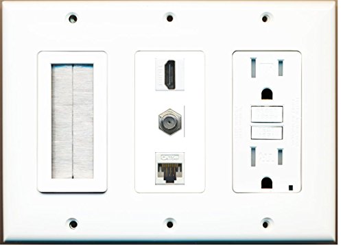 RiteAV - (3 Gang 15A GFCI Outlet Mesh-Brush HDMI Coax Cat5e White Wall Plate White