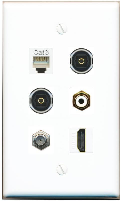 RiteAV Coax HDMI Phone RCA-White 2 TOSLINK Flat/Solid Wall Plate [White]