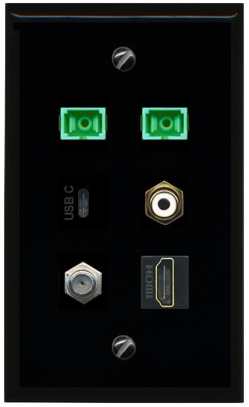 RiteAV Coax HDMI RCA White 2 SC APC Simplex Fiber USBC Flat/Solid Wall Plate [Black]