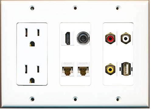 RiteAV - (3 Gang 15A Power Outlet HDMI 2 Cat6 Composite Video 3.5mm USB Wall Plate