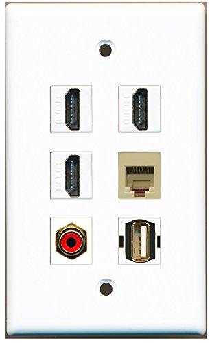 RiteAV - 3 HDMI 1 Port RCA Red 1 Port USB A-A 1 Port Phone RJ11 RJ12 Beige Wall Plate