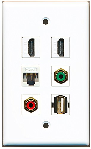 RiteAV - 2 HDMI 1 Port RCA Red 1 Port RCA Green 1 Port USB A-A 1 Port Cat5e Ethernet White Wall Plate