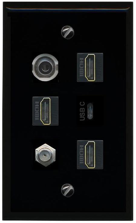 RiteAV 3.5mm Coax 3 HDMI USBC Flat/Solid Wall Plate [Black]