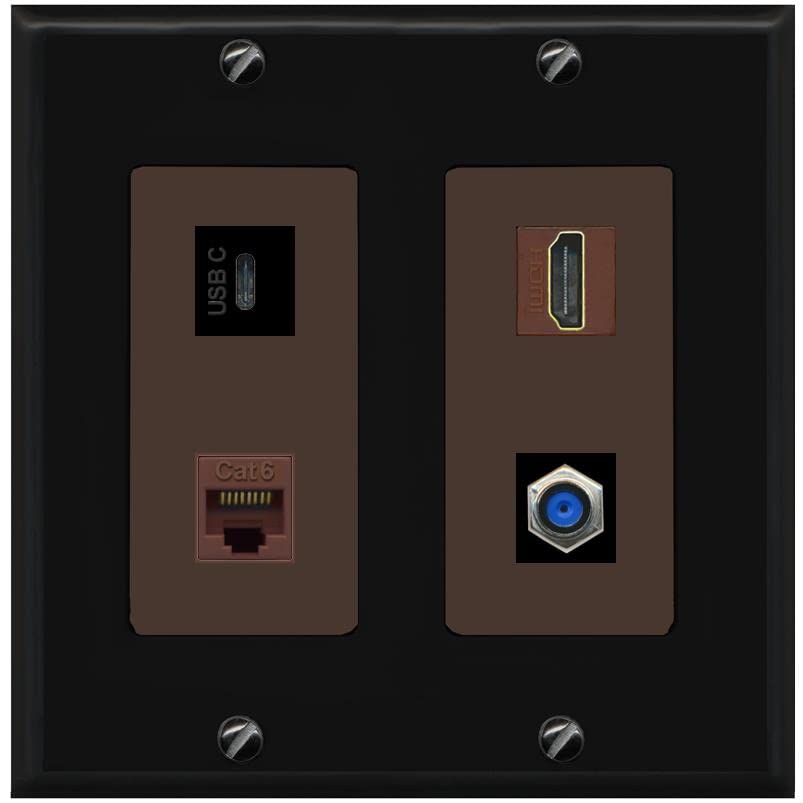 RiteAV USBC HDMI Cat6 Coax F81 Wall Plate - 2 Gang [Black/Brown]